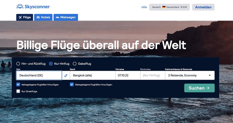Suche nach allen Flughäfen in Deutschland die nach Bangkok und Umgebung fliegen