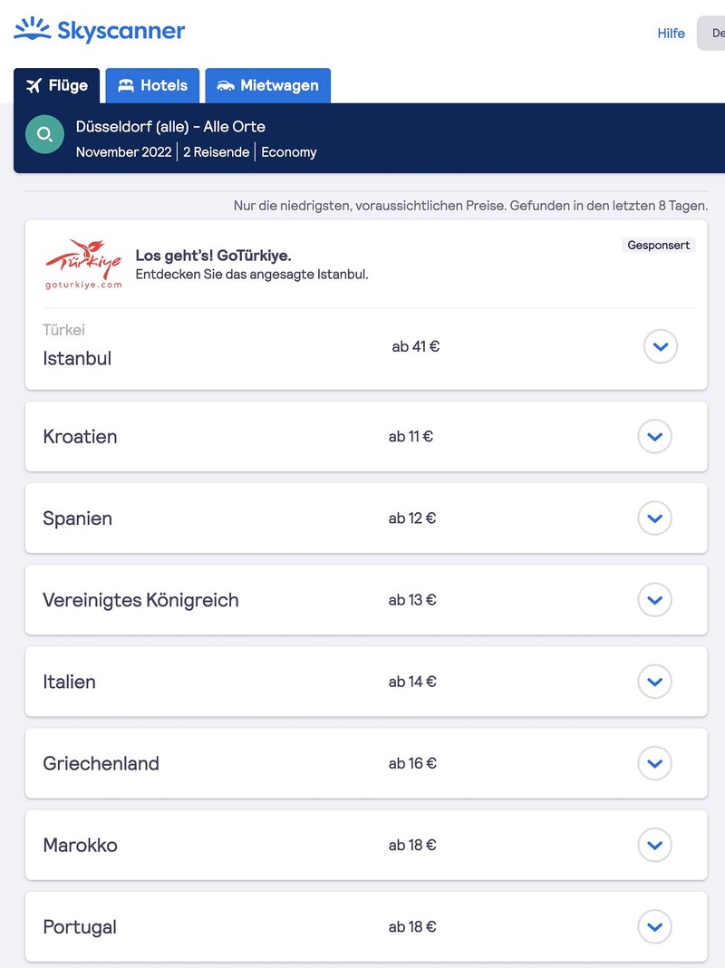 Liste aller Orte, die von Düsseldorf aus angeflogen werden