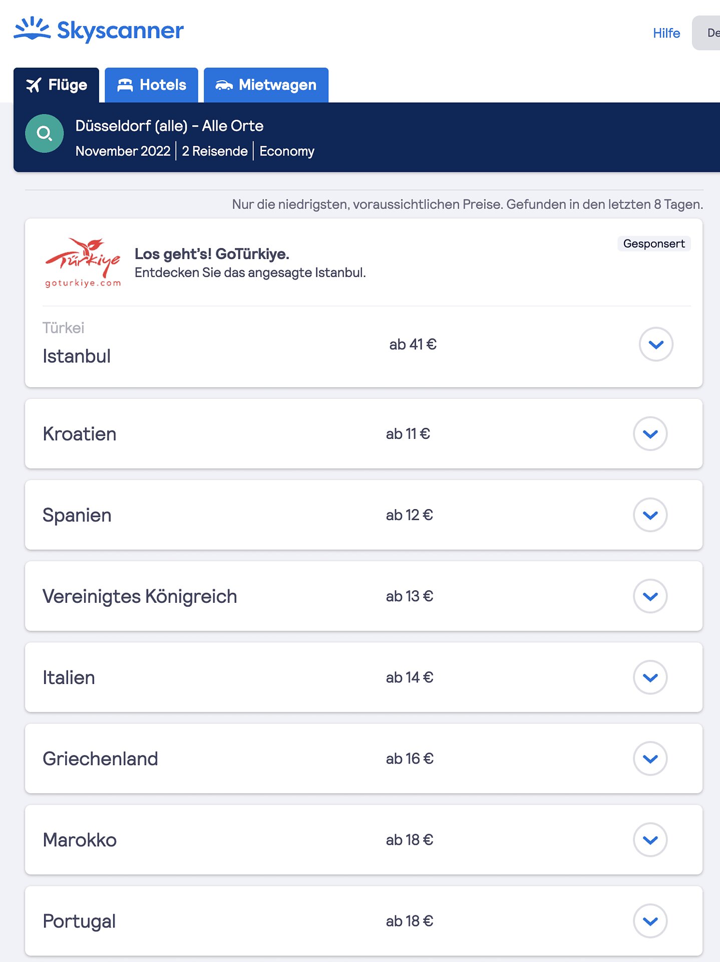 Liste aller Orte, die von Düsseldorf aus angeflogen werden