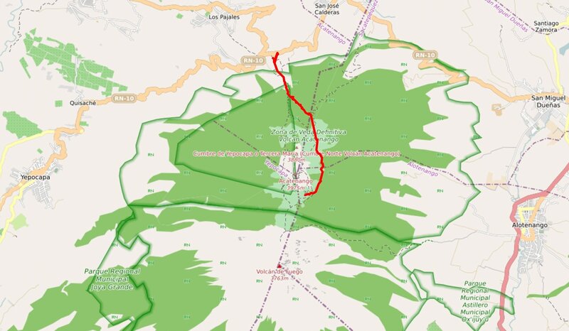 Die Route der Acatenango-Wanderung auf der Karte – bis hoch zum Basecamp