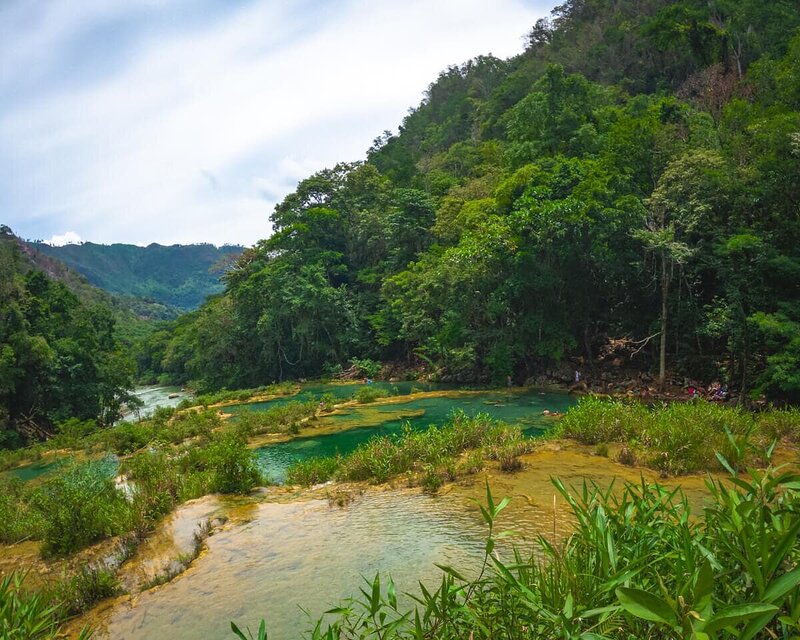 Die türkisen Kaskaden von Semuc Champey schlängeln sich durch das grüne Tal